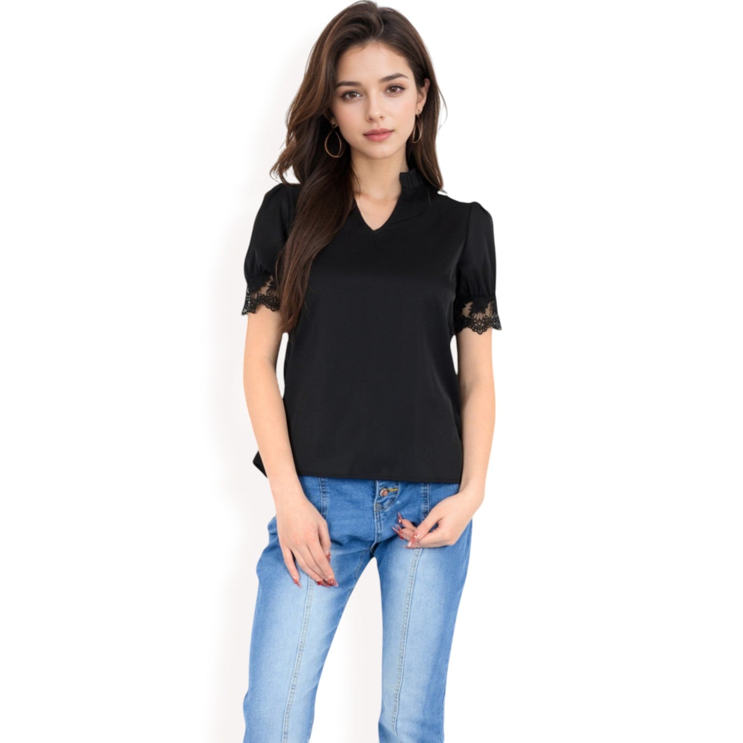 Puff Sleeve Blouse with Delicate Crochet Cuffs and V-Neckline