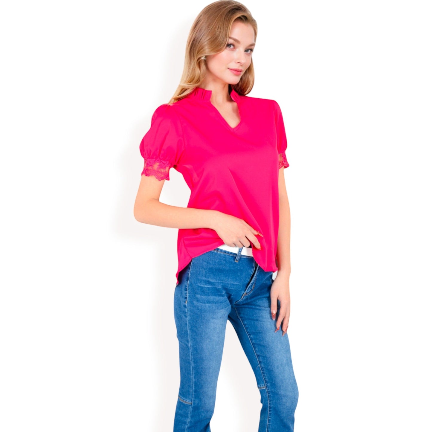 Puff Sleeve Blouse with Delicate Crochet Cuffs and V-Neckline