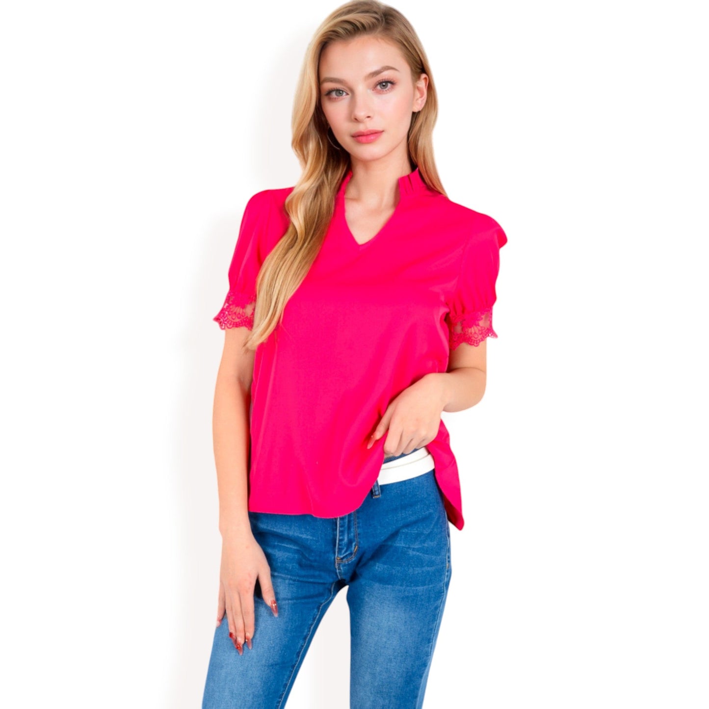 Puff Sleeve Blouse with Delicate Crochet Cuffs and V-Neckline