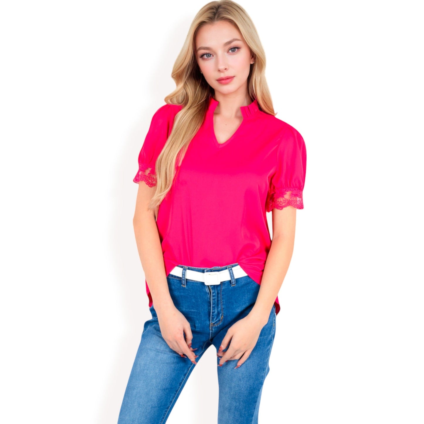 Puff Sleeve Blouse with Delicate Crochet Cuffs and V-Neckline