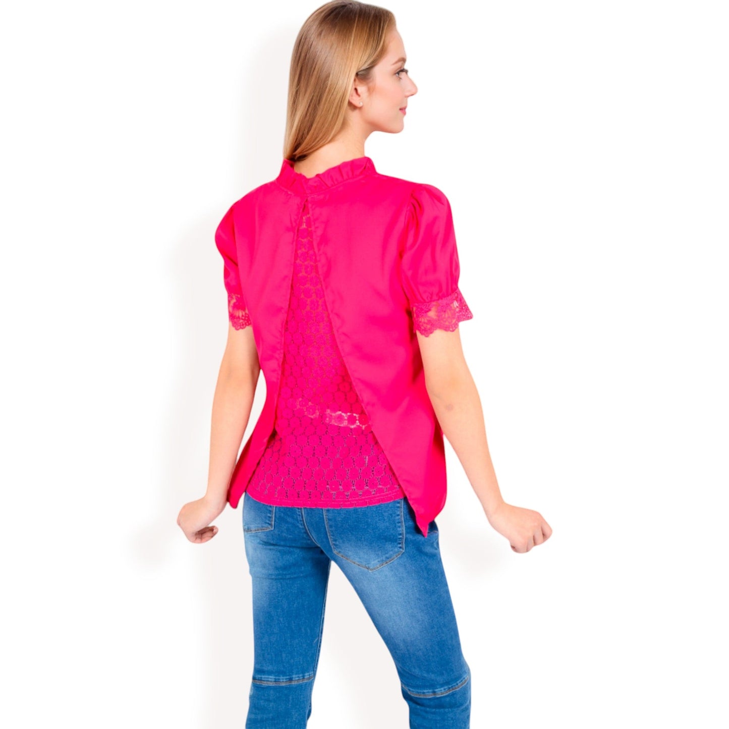 Puff Sleeve Blouse with Delicate Crochet Cuffs and V-Neckline