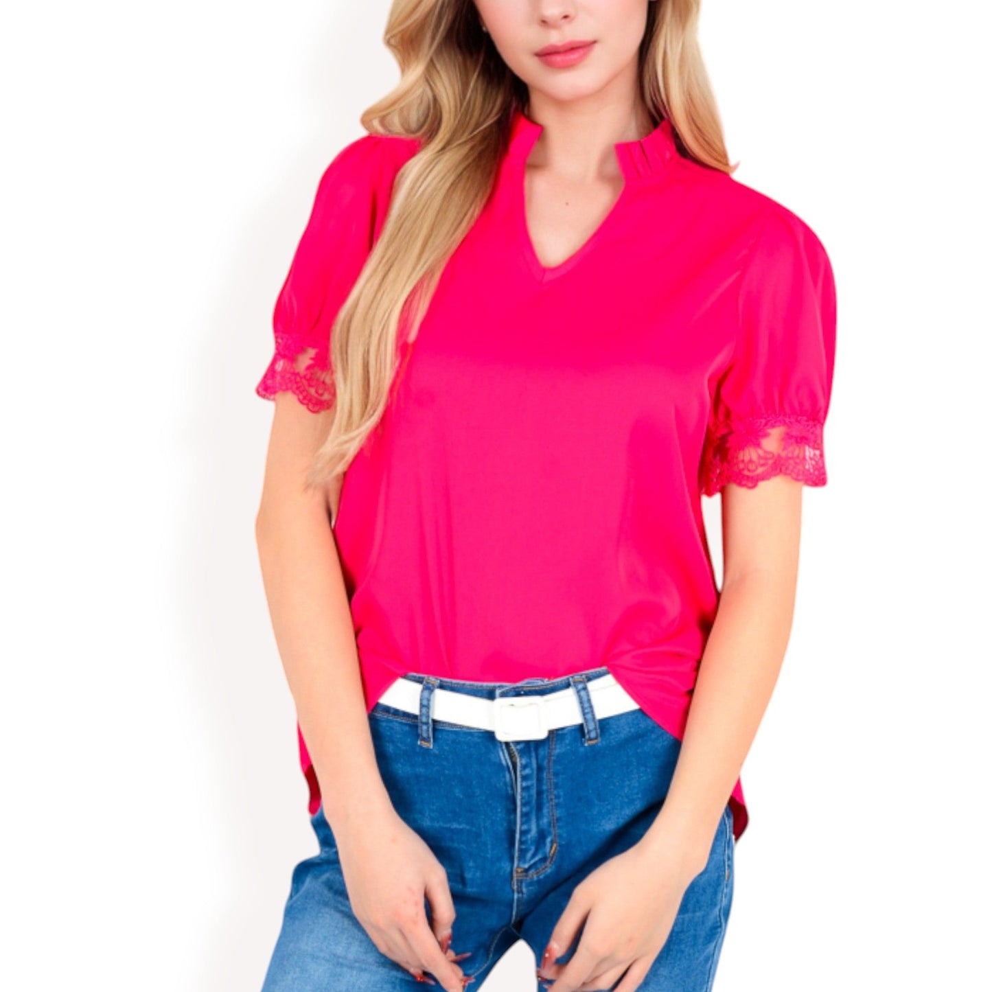 Puff Sleeve Blouse with Delicate Crochet Cuffs and V-Neckline