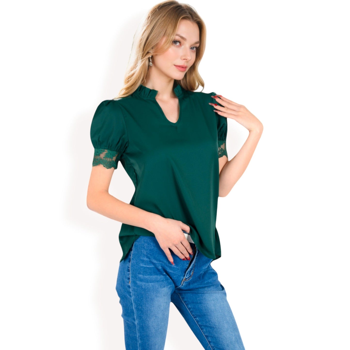 Puff Sleeve Blouse with Delicate Crochet Cuffs and V-Neckline