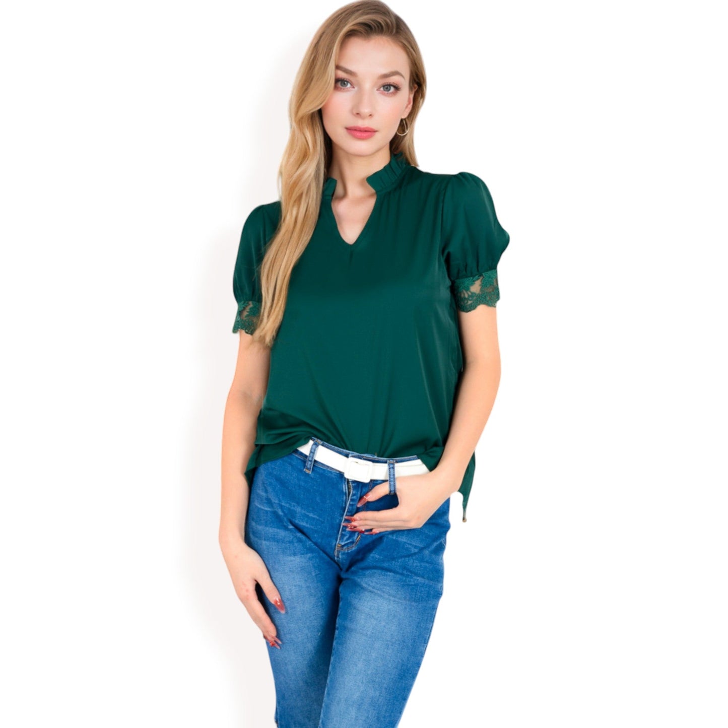 Puff Sleeve Blouse with Delicate Crochet Cuffs and V-Neckline