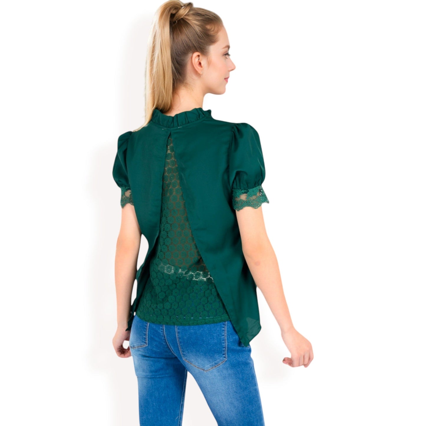 Puff Sleeve Blouse with Delicate Crochet Cuffs and V-Neckline