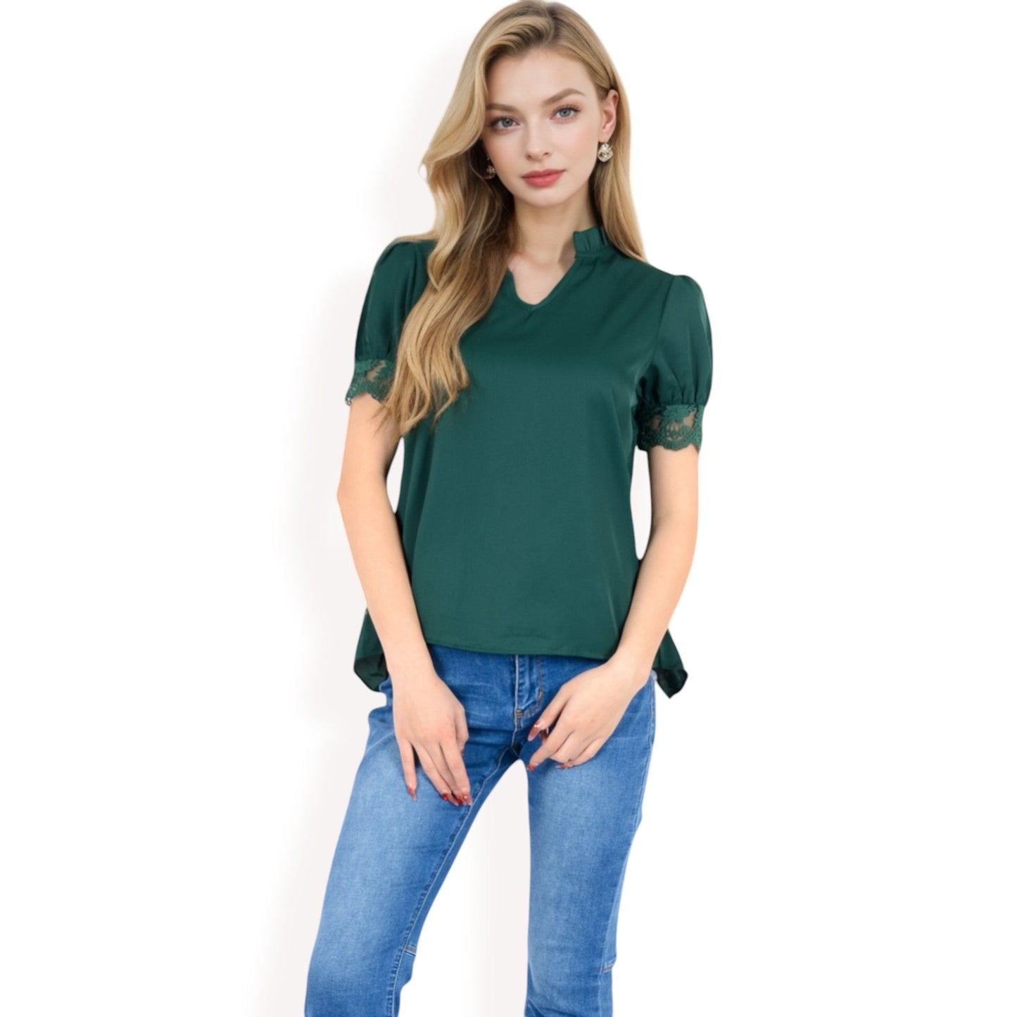 Puff Sleeve Blouse with Delicate Crochet Cuffs and V-Neckline