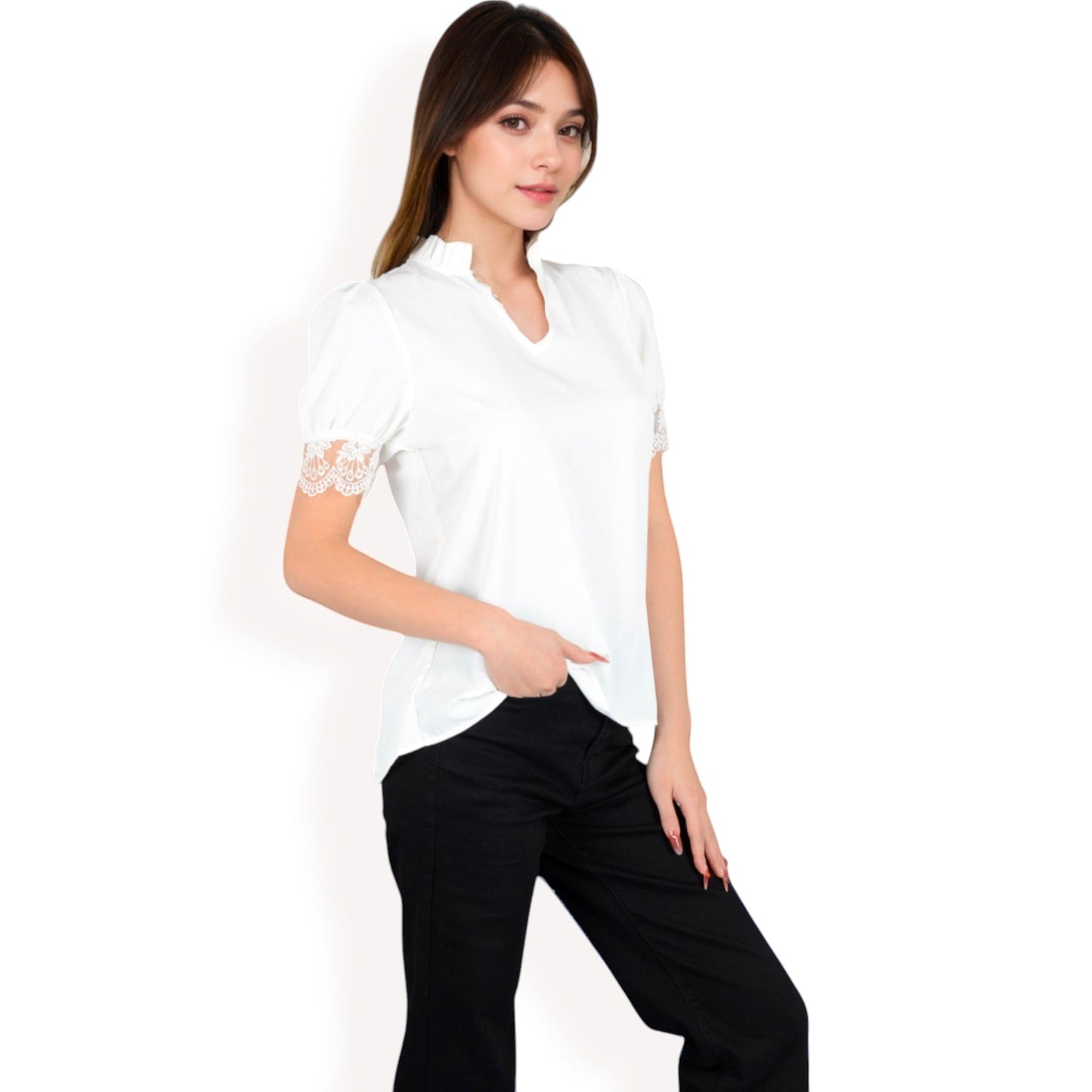 Puff Sleeve Blouse with Delicate Crochet Cuffs and V-Neckline