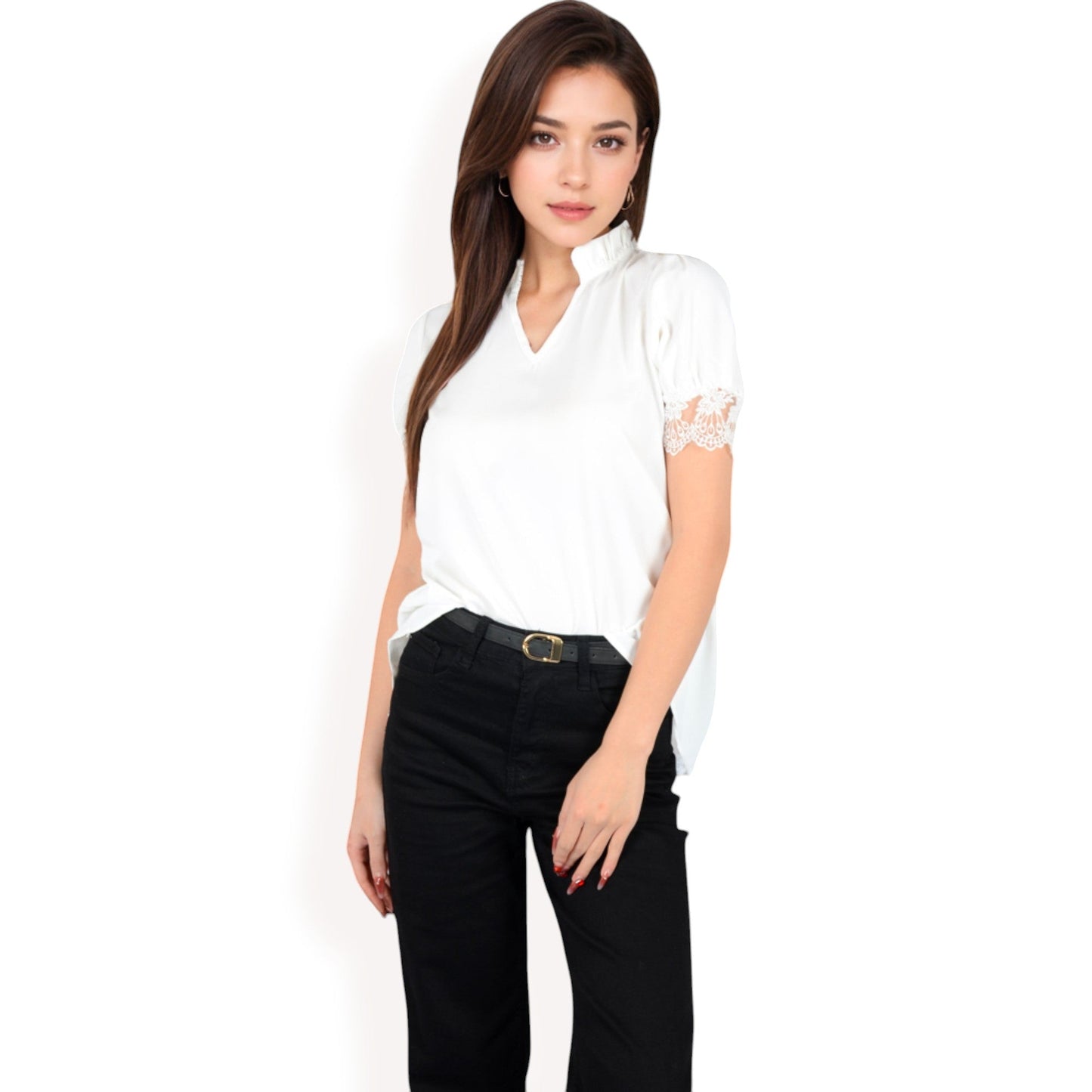 Puff Sleeve Blouse with Delicate Crochet Cuffs and V-Neckline
