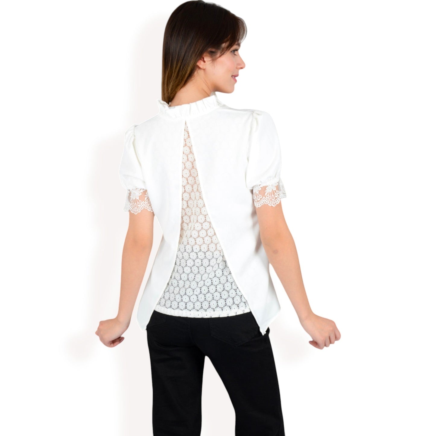 Puff Sleeve Blouse with Delicate Crochet Cuffs and V-Neckline