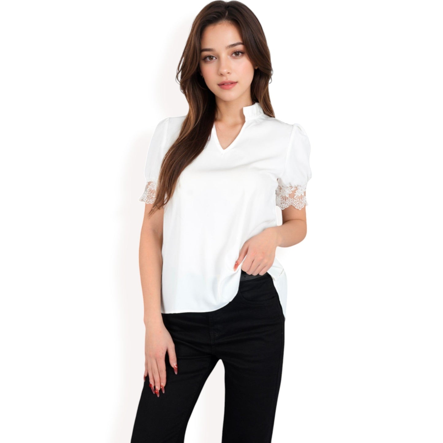 Puff Sleeve Blouse with Delicate Crochet Cuffs and V-Neckline