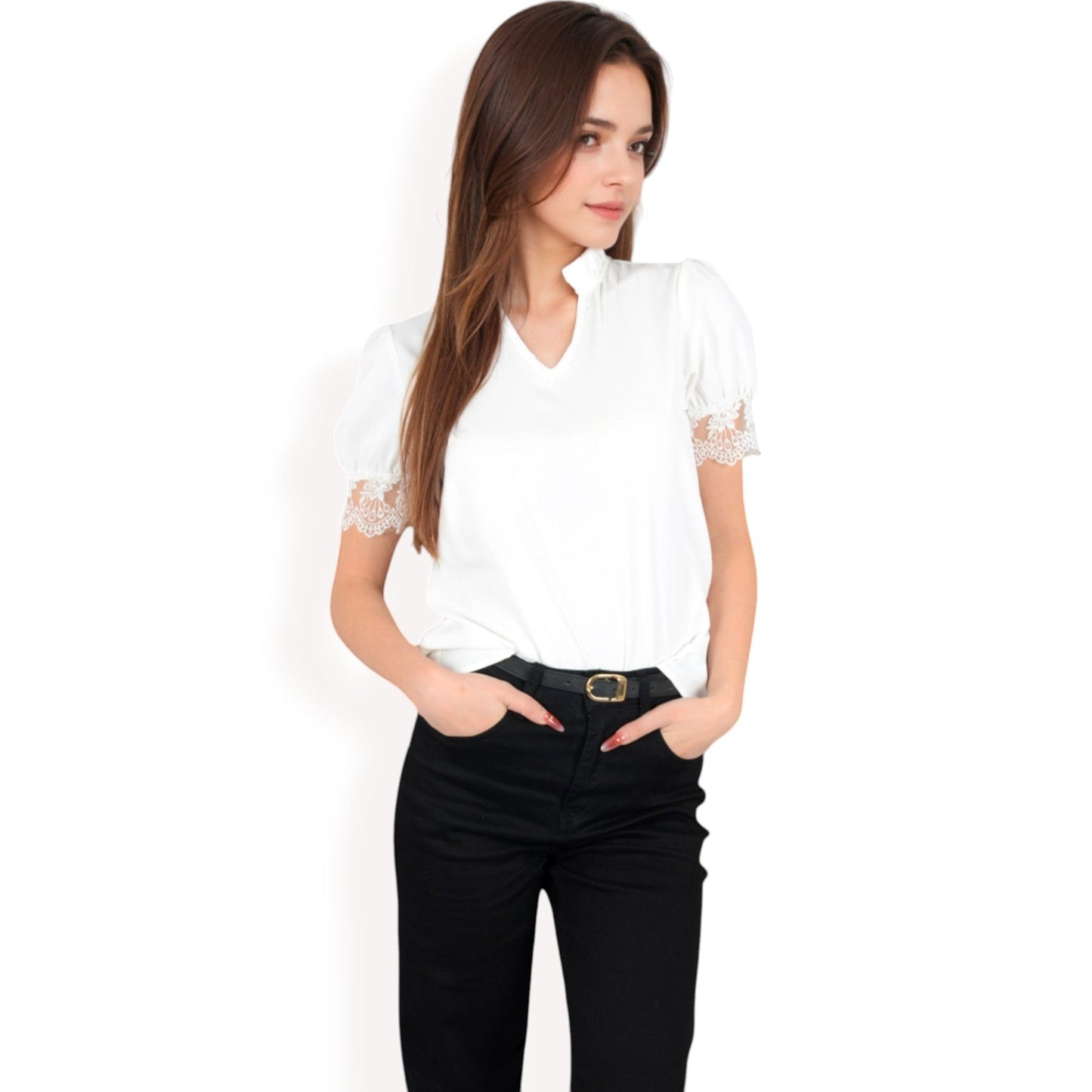 Puff Sleeve Blouse with Delicate Crochet Cuffs and V-Neckline