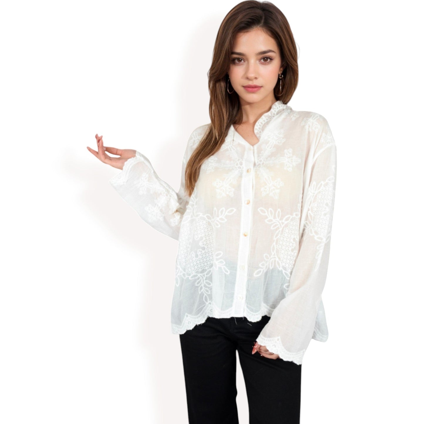 Embroidered Sheer Blouse with Scalloped Hem and Button-Up Design