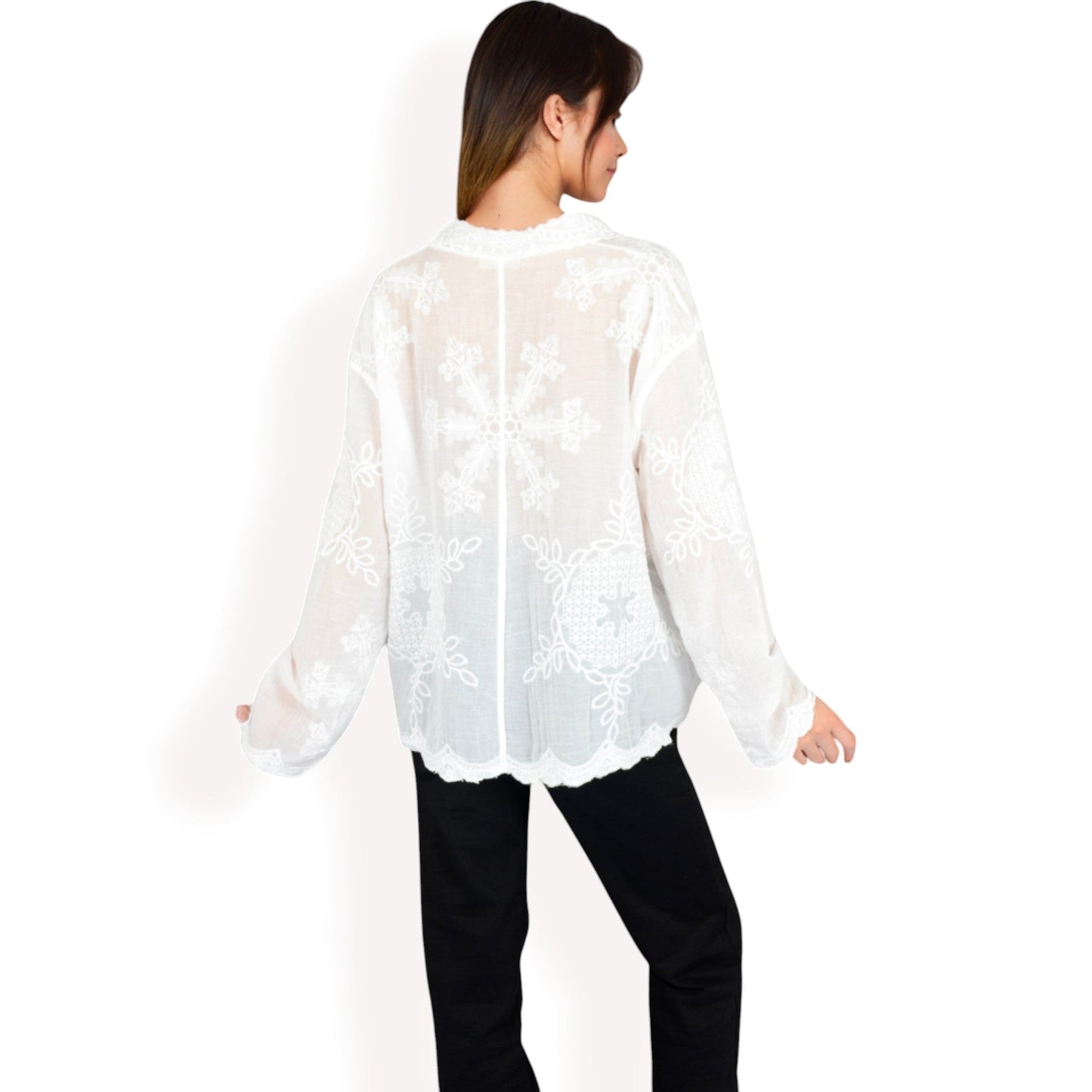 Embroidered Sheer Blouse with Scalloped Hem and Button-Up Design