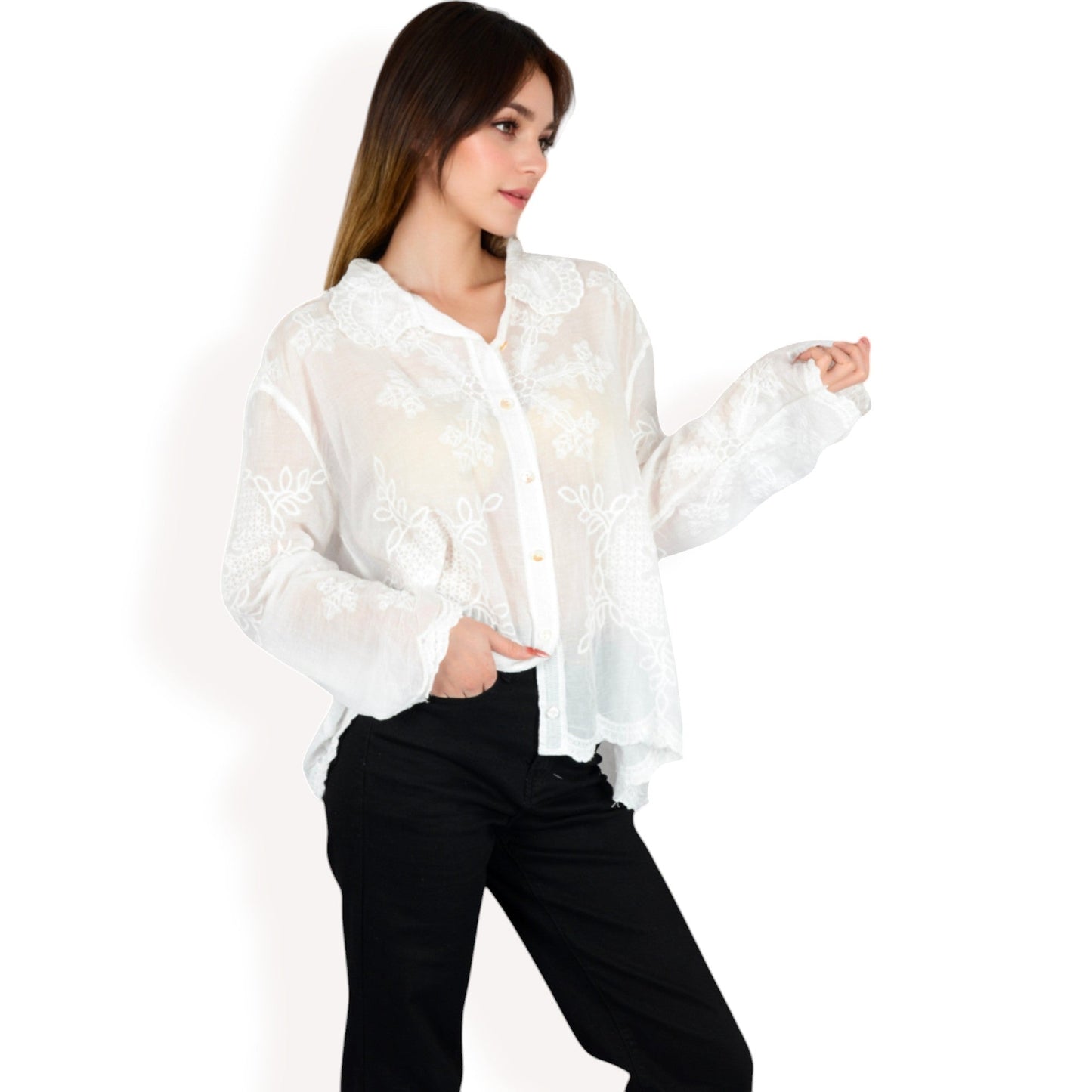 Embroidered Sheer Blouse with Scalloped Hem and Button-Up Design