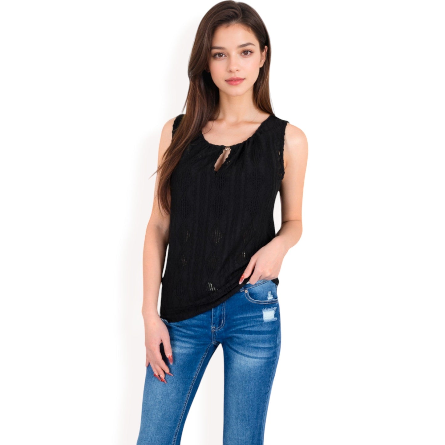 Sleeveless Blouse with Keyhole Neckline and Geometric Eyelet Design