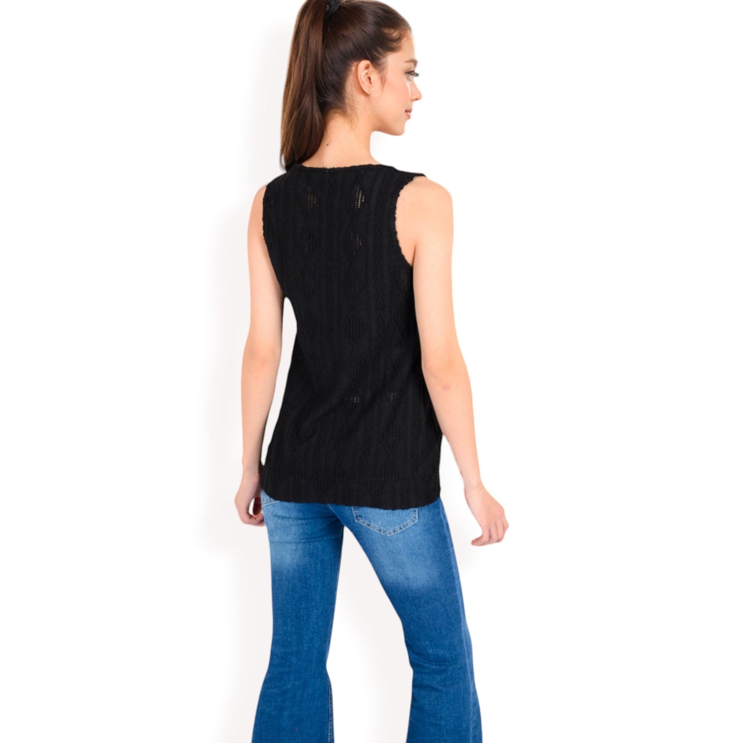 Sleeveless Blouse with Keyhole Neckline and Geometric Eyelet Design