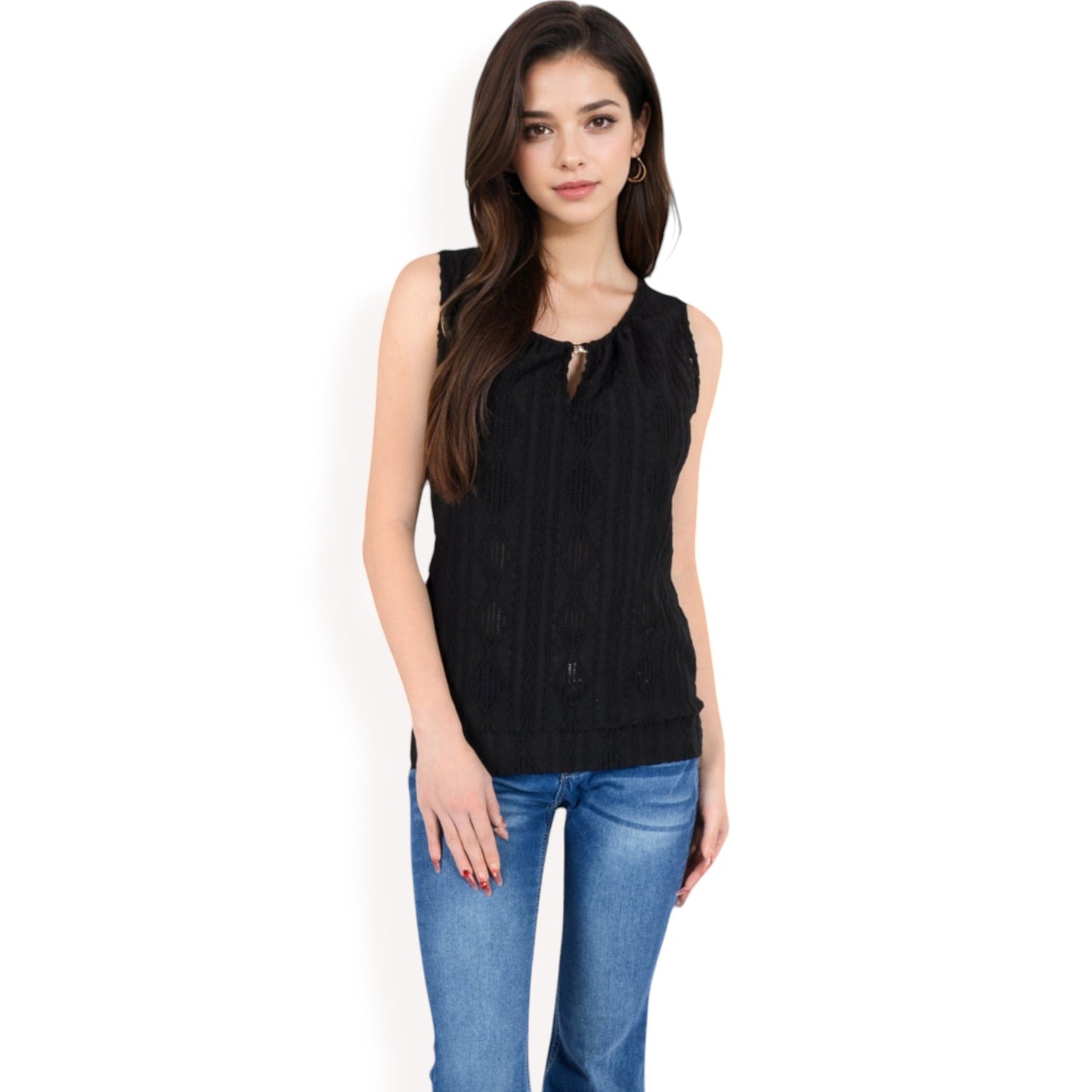 Sleeveless Blouse with Keyhole Neckline and Geometric Eyelet Design