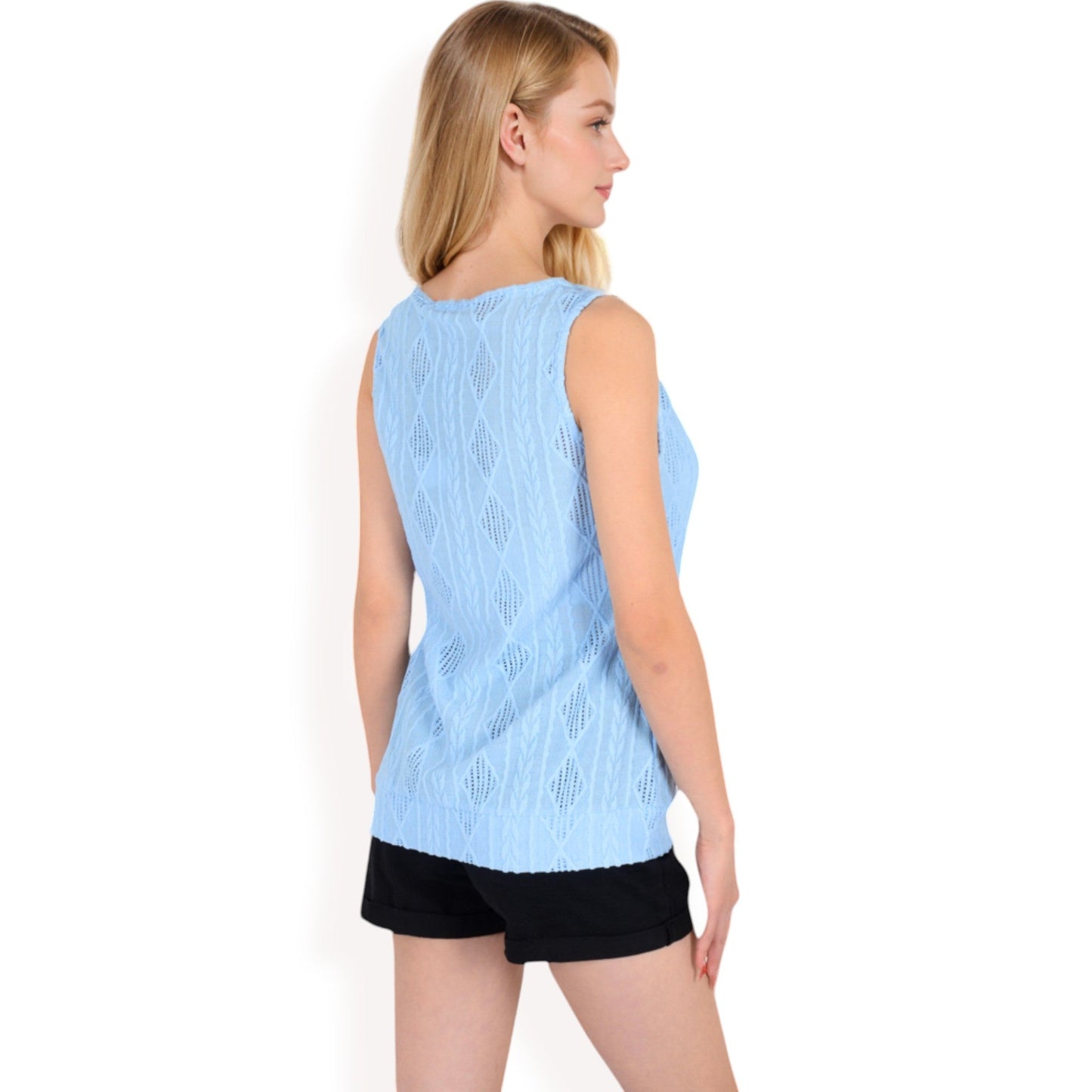 Sleeveless Blouse with Keyhole Neckline and Geometric Eyelet Design