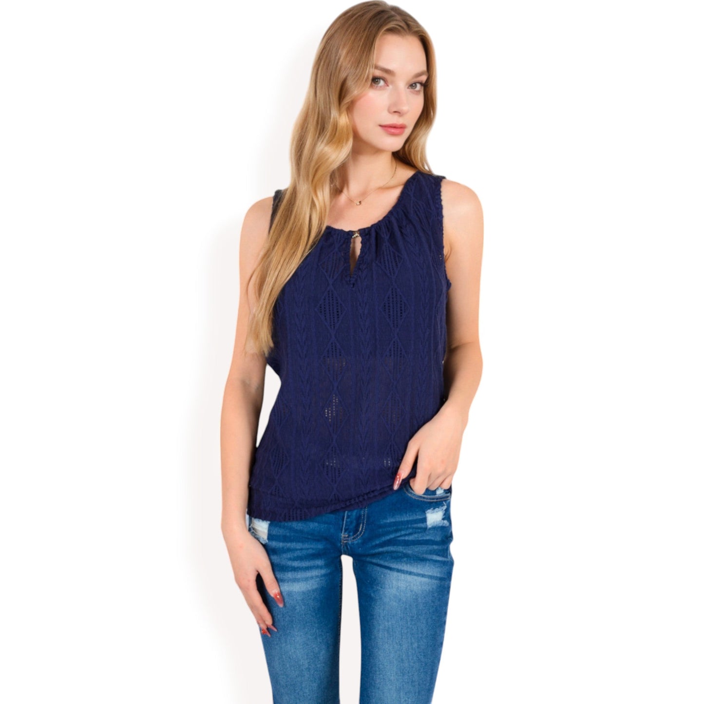 Sleeveless Blouse with Keyhole Neckline and Geometric Eyelet Design