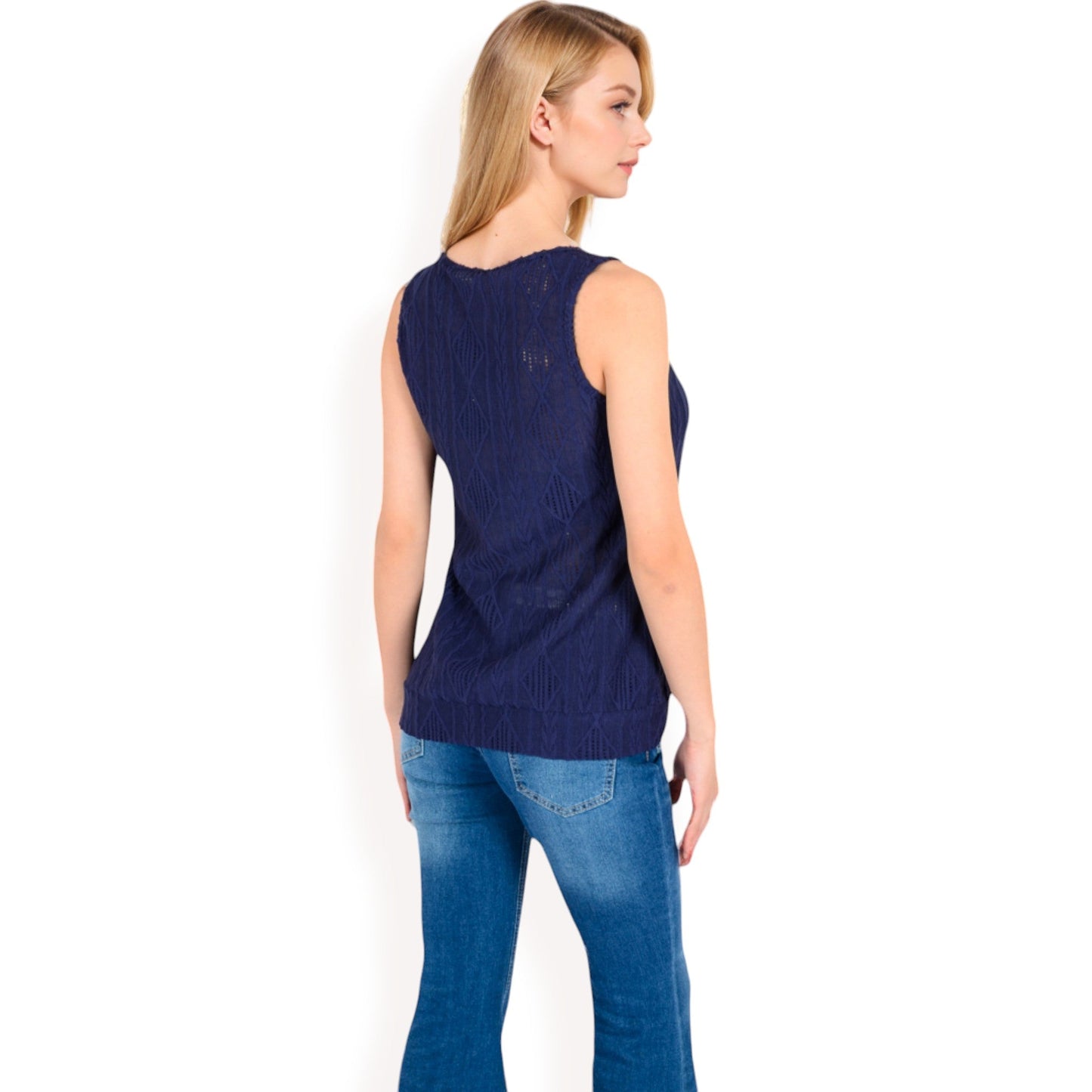 Sleeveless Blouse with Keyhole Neckline and Geometric Eyelet Design