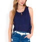 Sleeveless Blouse with Keyhole Neckline and Geometric Eyelet Design