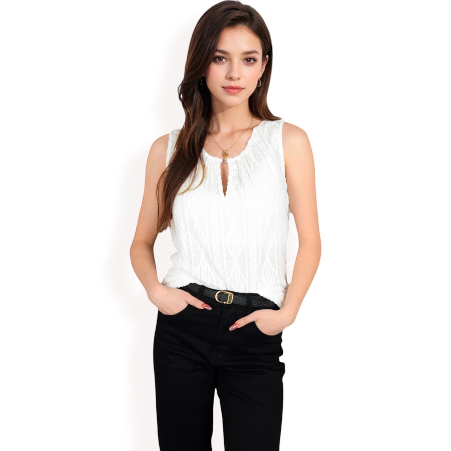 Sleeveless Blouse with Keyhole Neckline and Geometric Eyelet Design