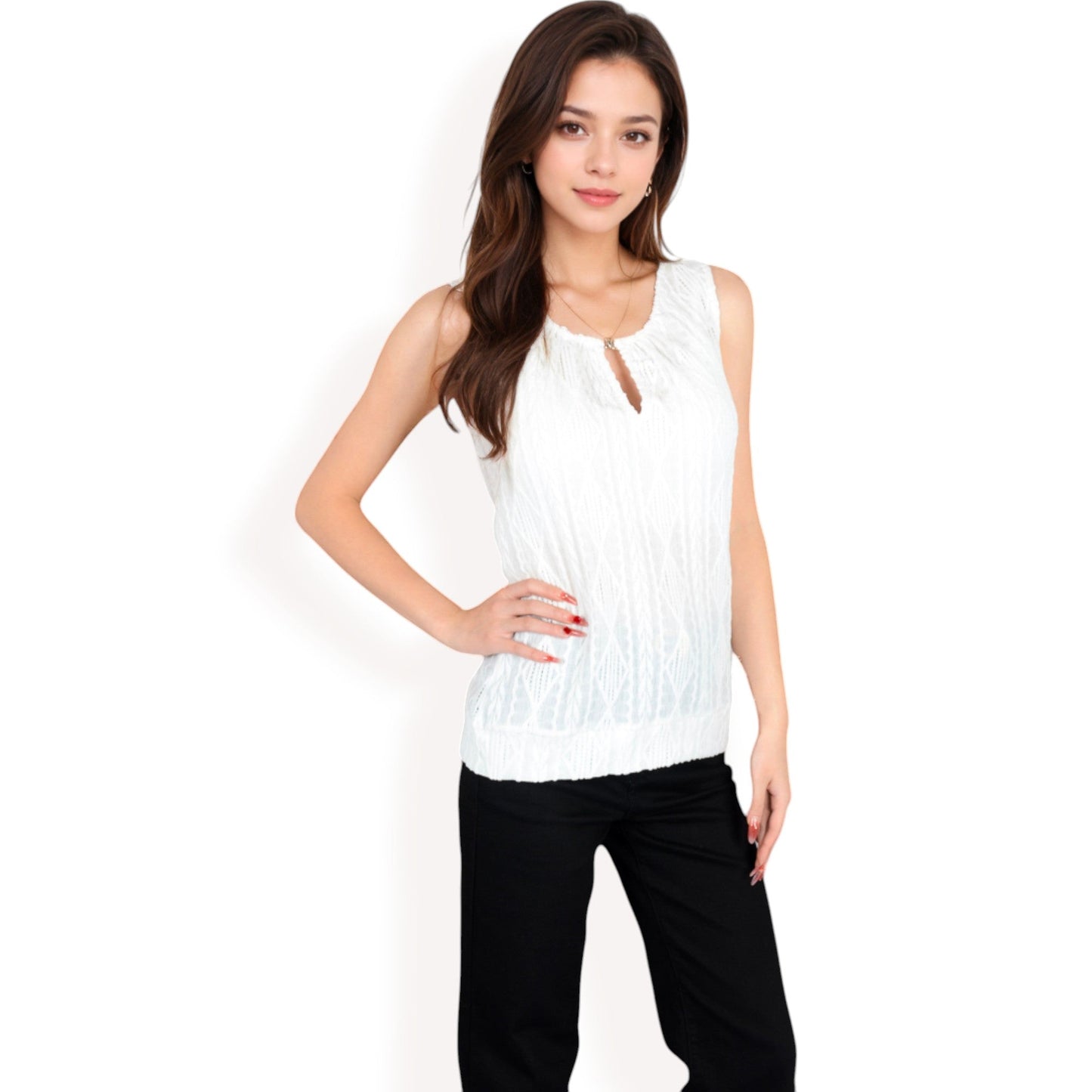 Sleeveless Blouse with Keyhole Neckline and Geometric Eyelet Design