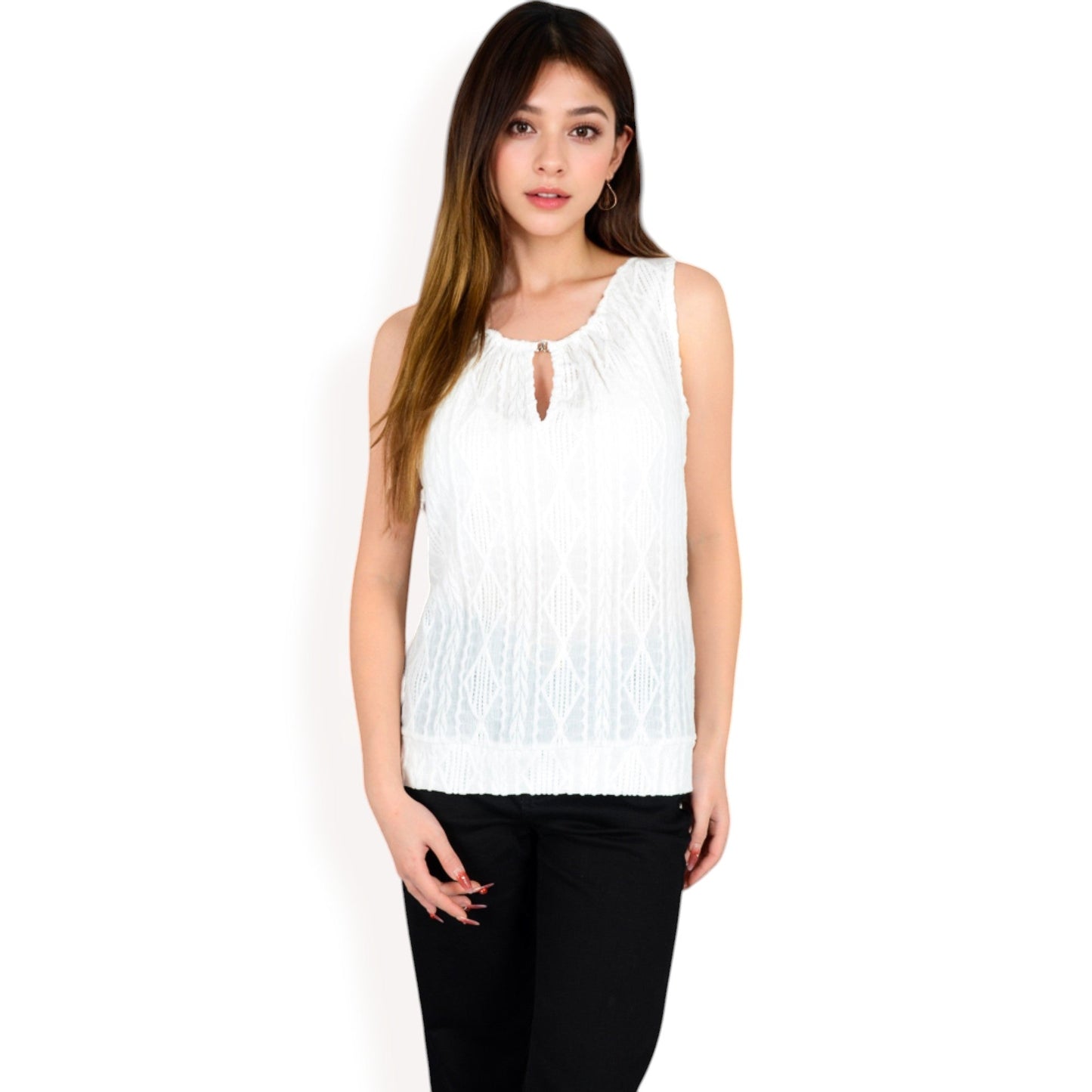 Sleeveless Blouse with Keyhole Neckline and Geometric Eyelet Design
