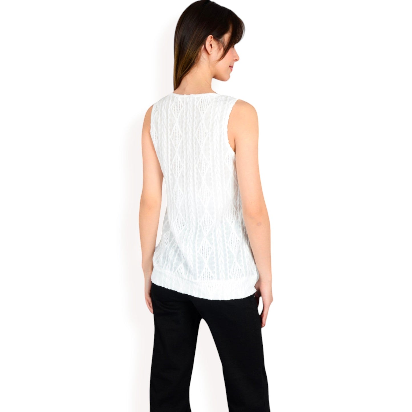 Sleeveless Blouse with Keyhole Neckline and Geometric Eyelet Design