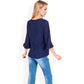 3/4 Sleeve V-Neck Blouse with Geometric Eyelet Pattern