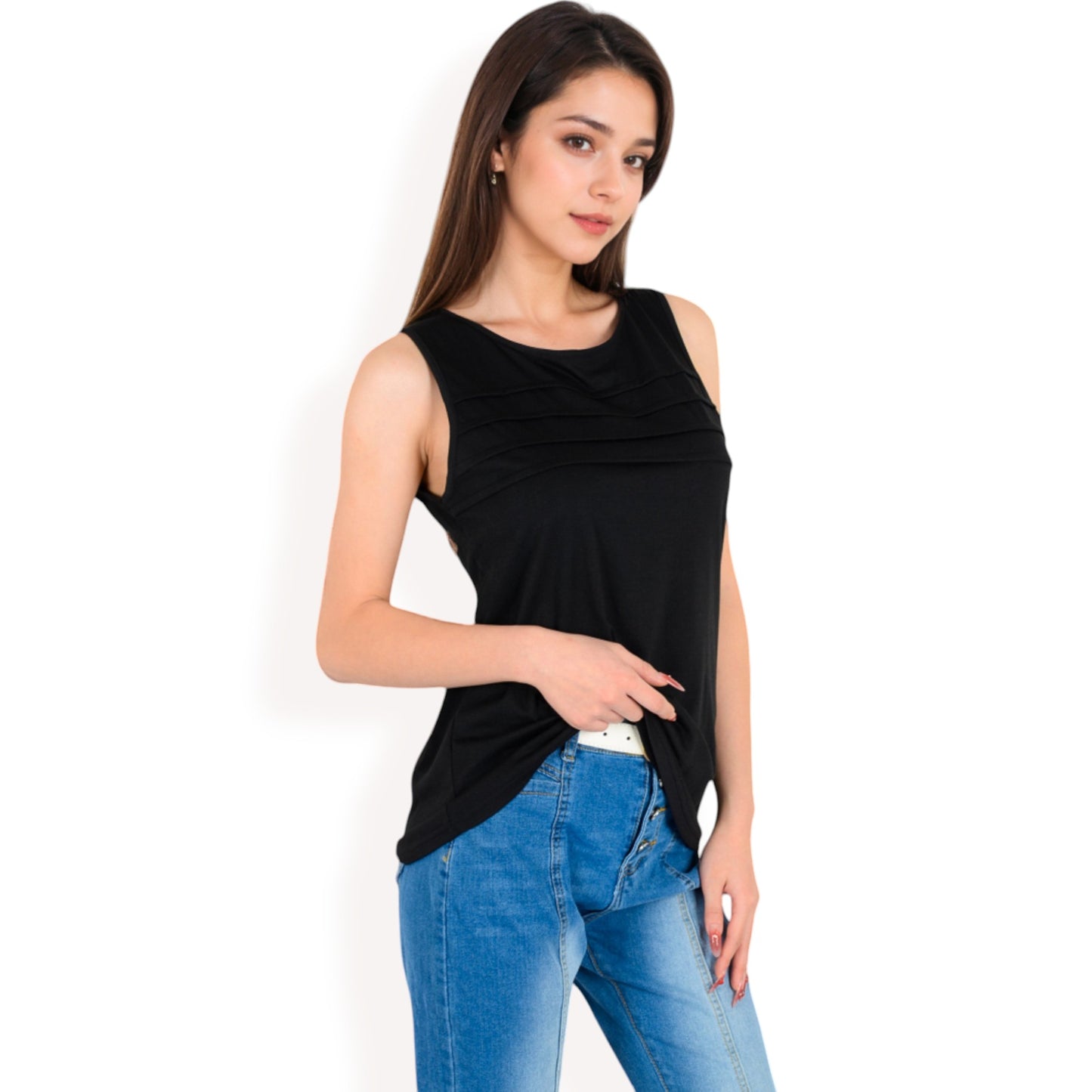 Sleeveless Tank Top with Pintuck Pleat Details and Soft Stretch Fabric
