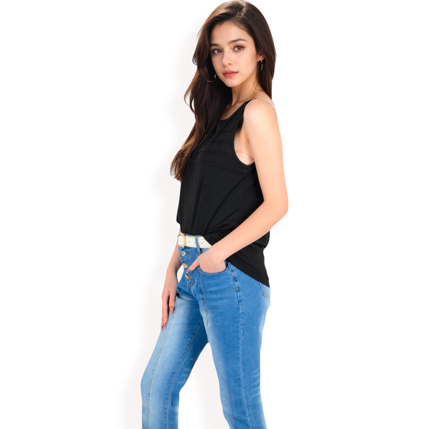 Sleeveless Tank Top with Pintuck Pleat Details and Soft Stretch Fabric