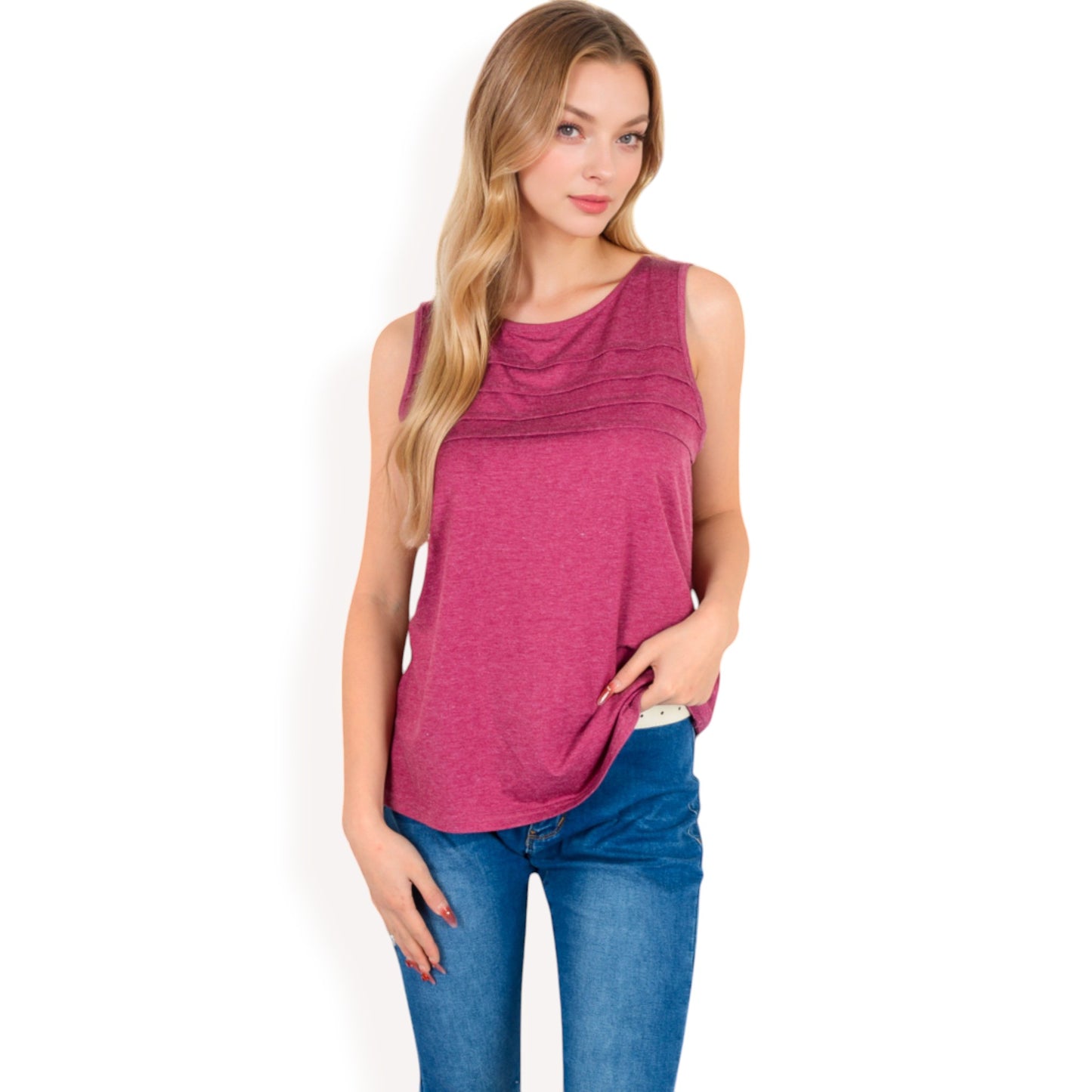 Sleeveless Tank Top with Pintuck Pleat Details and Soft Stretch Fabric