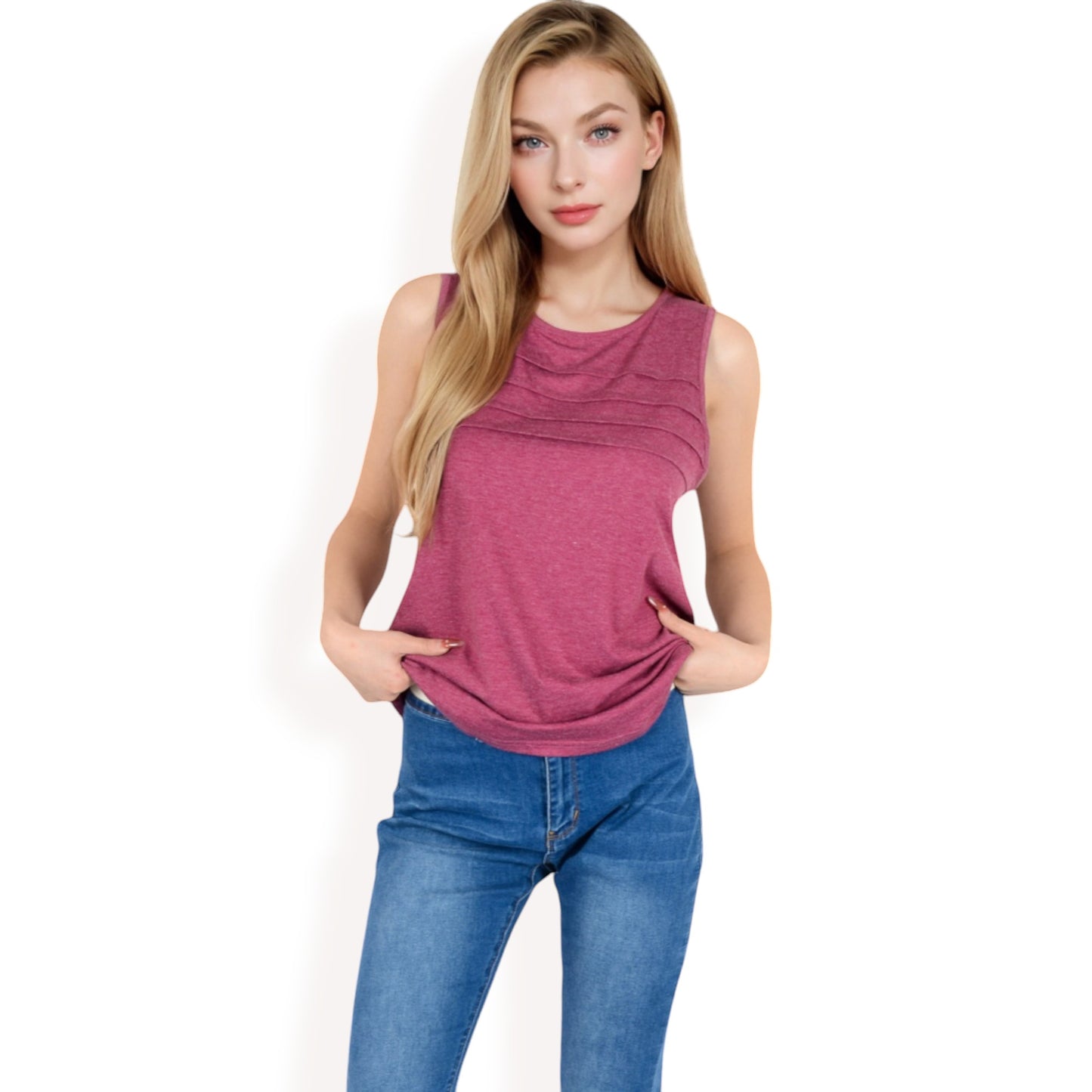 Sleeveless Tank Top with Pintuck Pleat Details and Soft Stretch Fabric