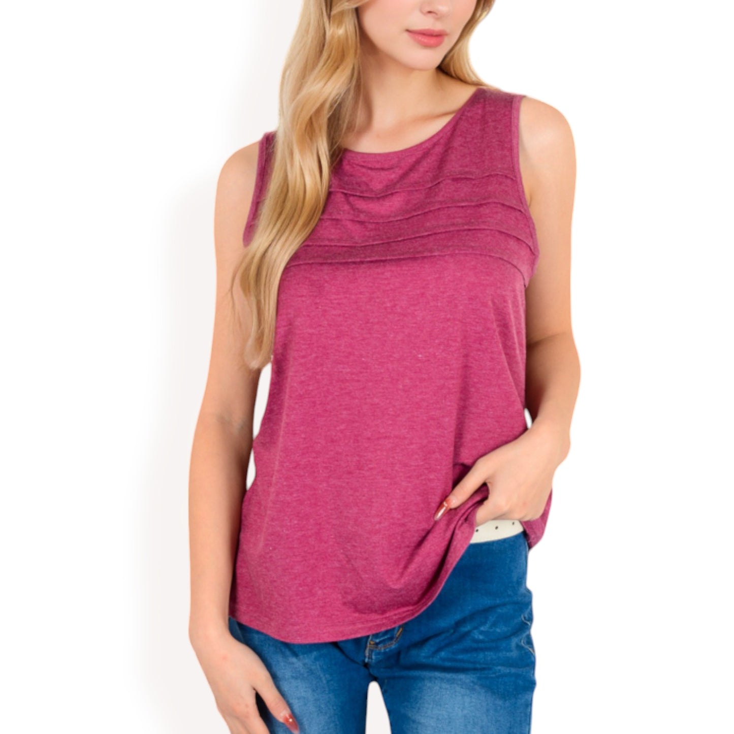 Sleeveless Tank Top with Pintuck Pleat Details and Soft Stretch Fabric