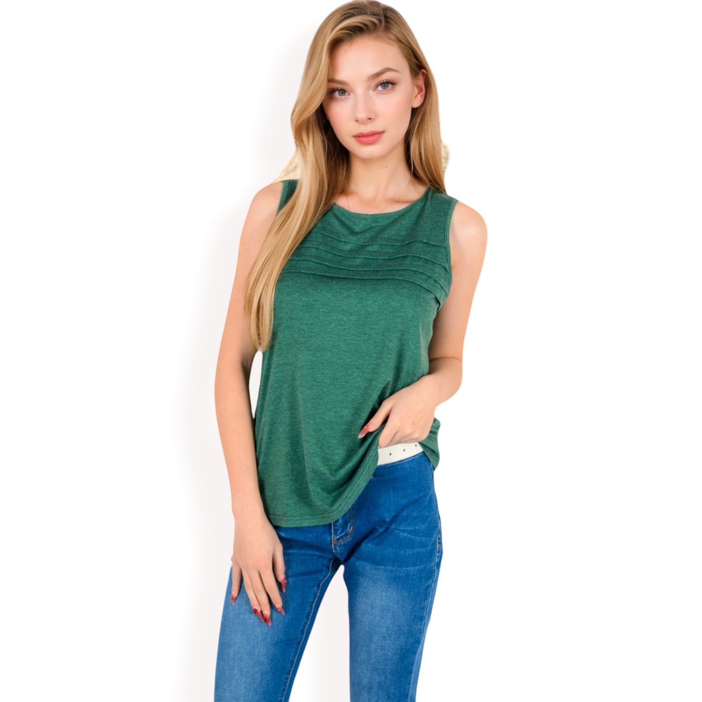 Sleeveless Tank Top with Pintuck Pleat Details and Soft Stretch Fabric