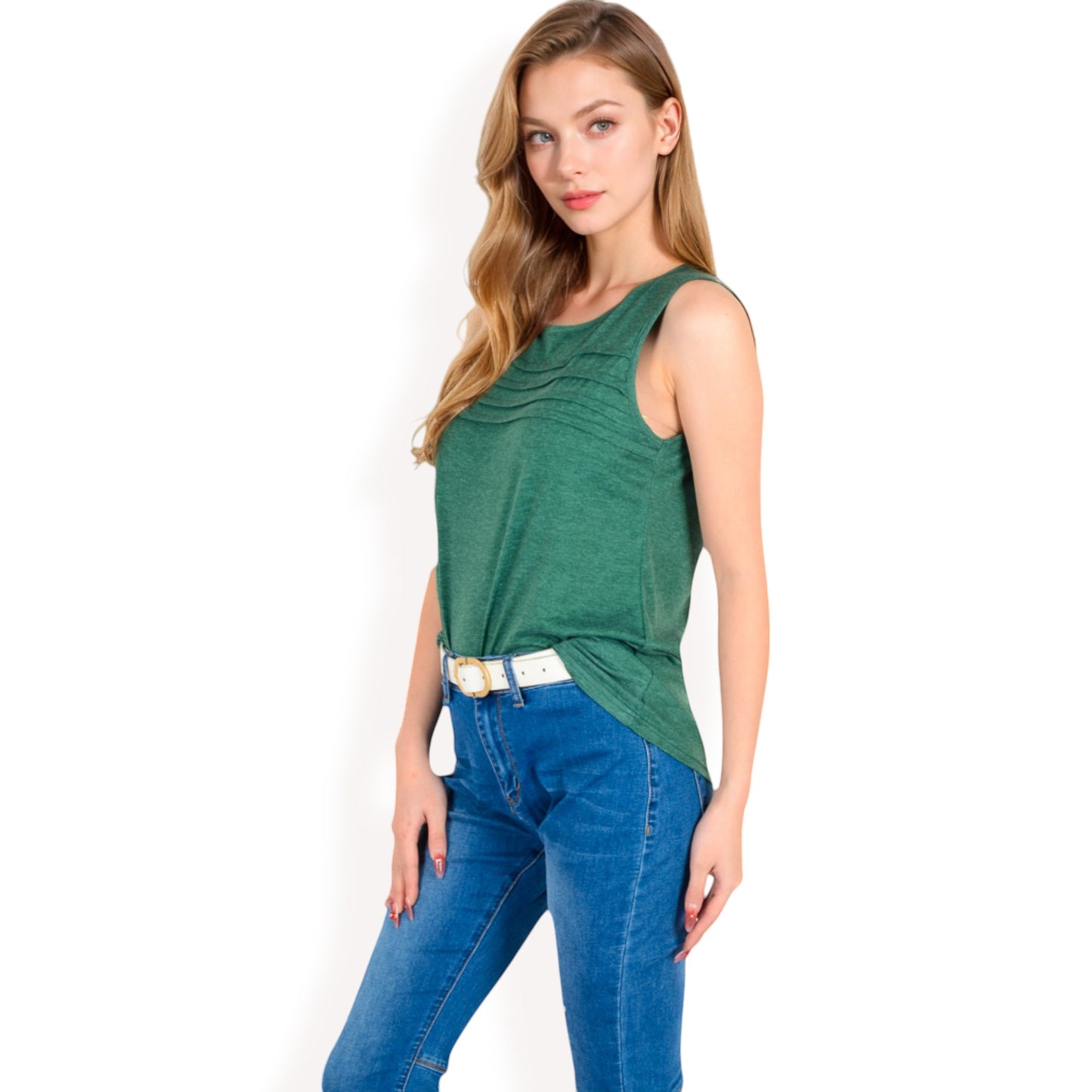 Sleeveless Tank Top with Pintuck Pleat Details and Soft Stretch Fabric