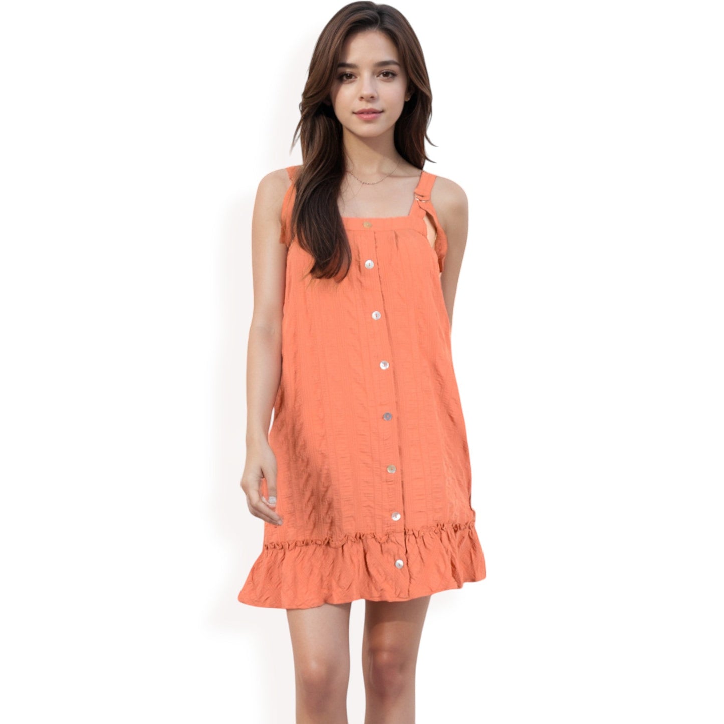 Ruffled Button-Down Mini Dress with Adjustable Straps and Textured Fabric