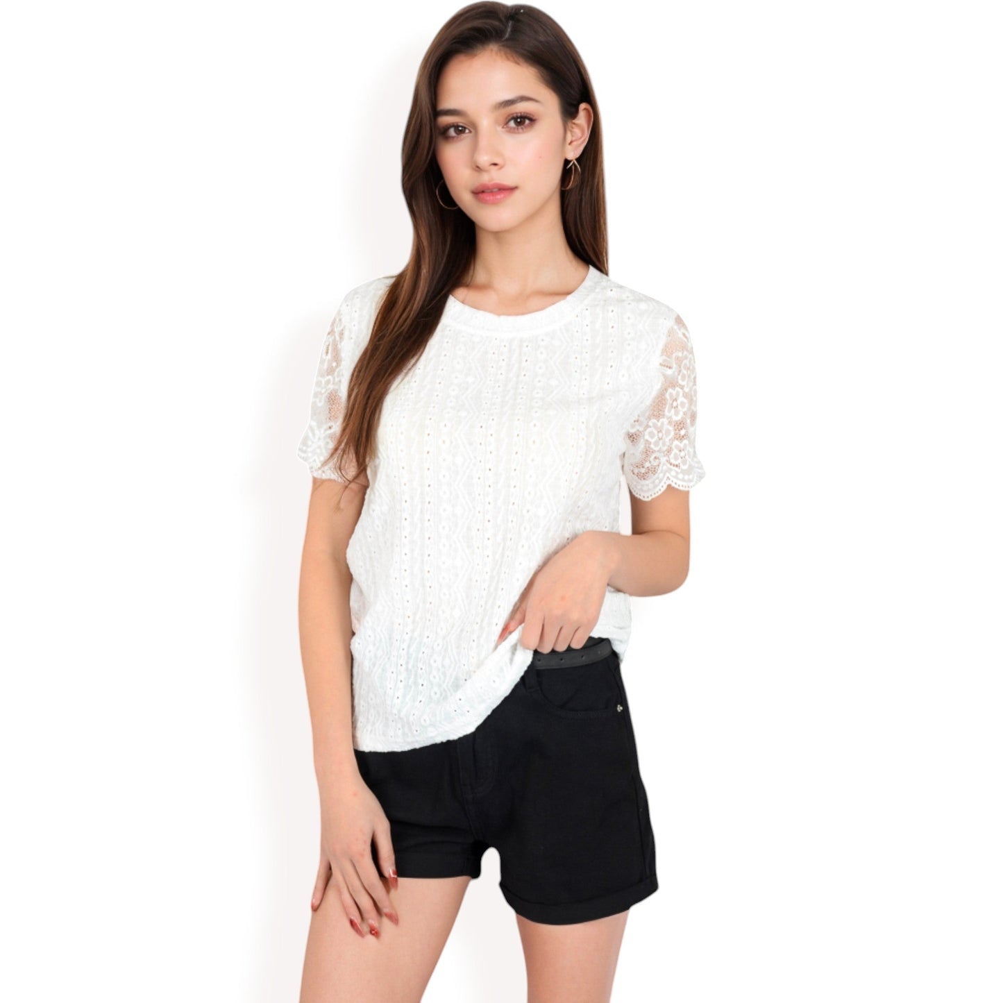 Lace Eyelet Top with Scalloped Short Sleeves and Embroidered Details