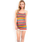 Knit Mini Dress with Adjustable Drawstring Ruched Side and Vibrant Striped Pattern