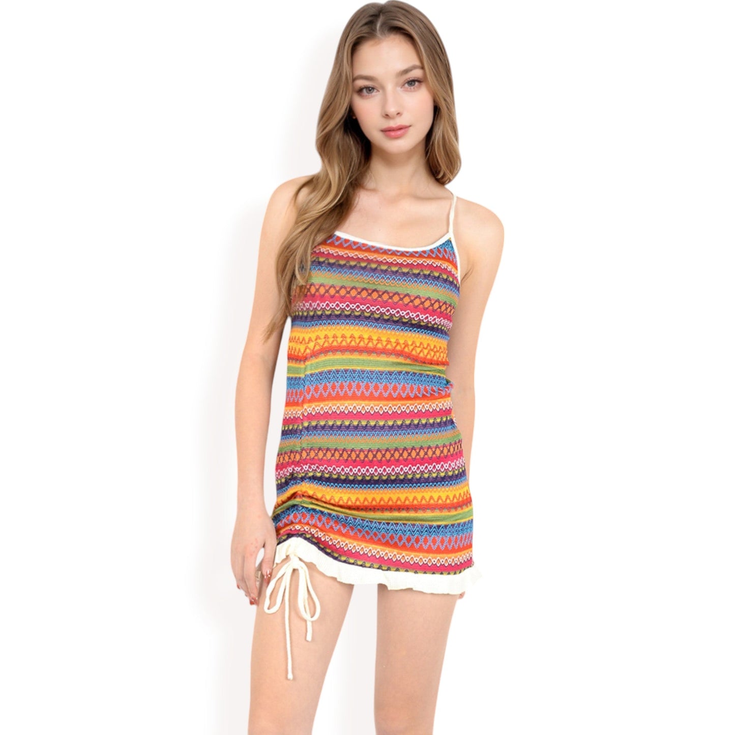 Knit Mini Dress with Adjustable Drawstring Ruched Side and Vibrant Striped Pattern