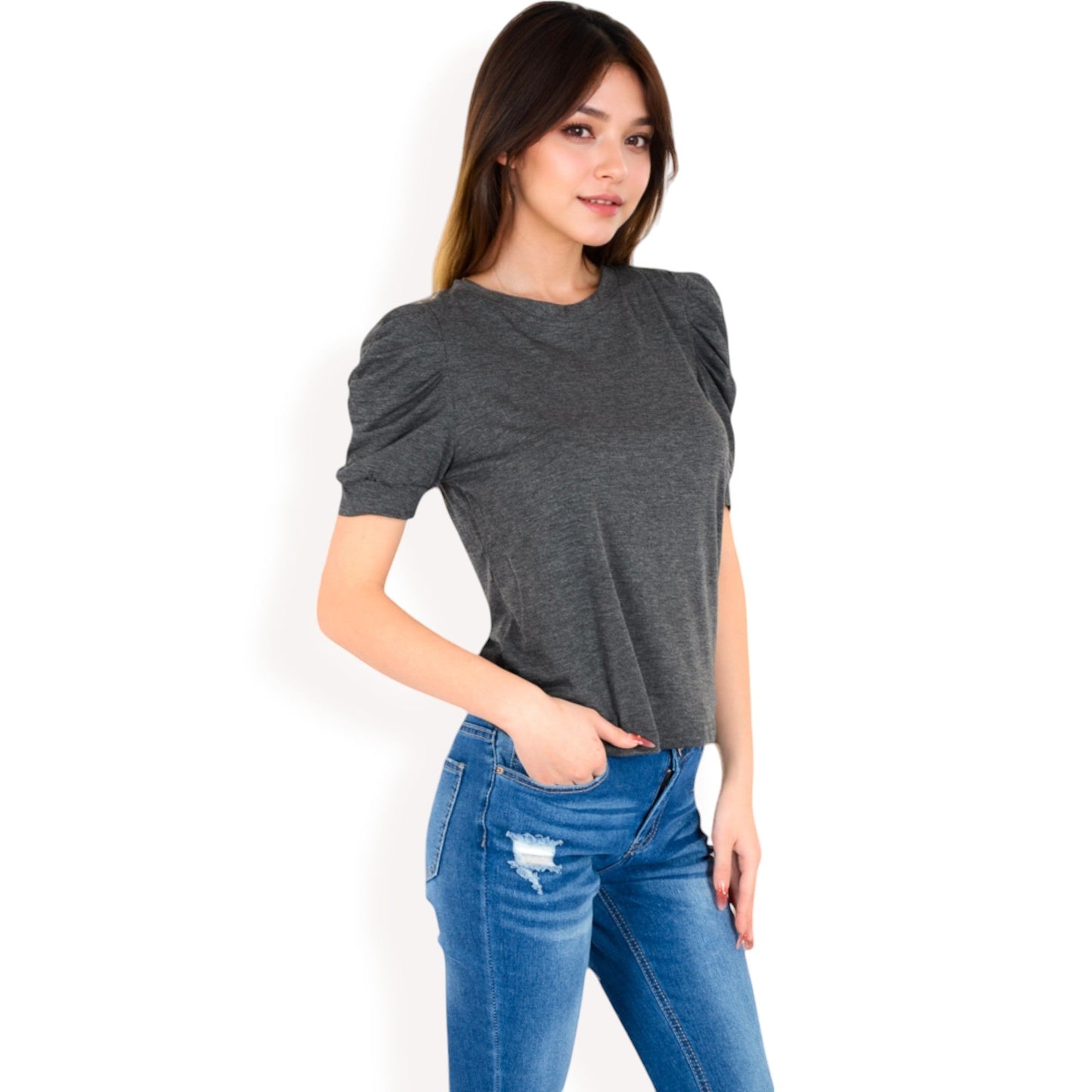 Short Sleeve Puff Shoulder Tee with Crew Neck and Slim Fit