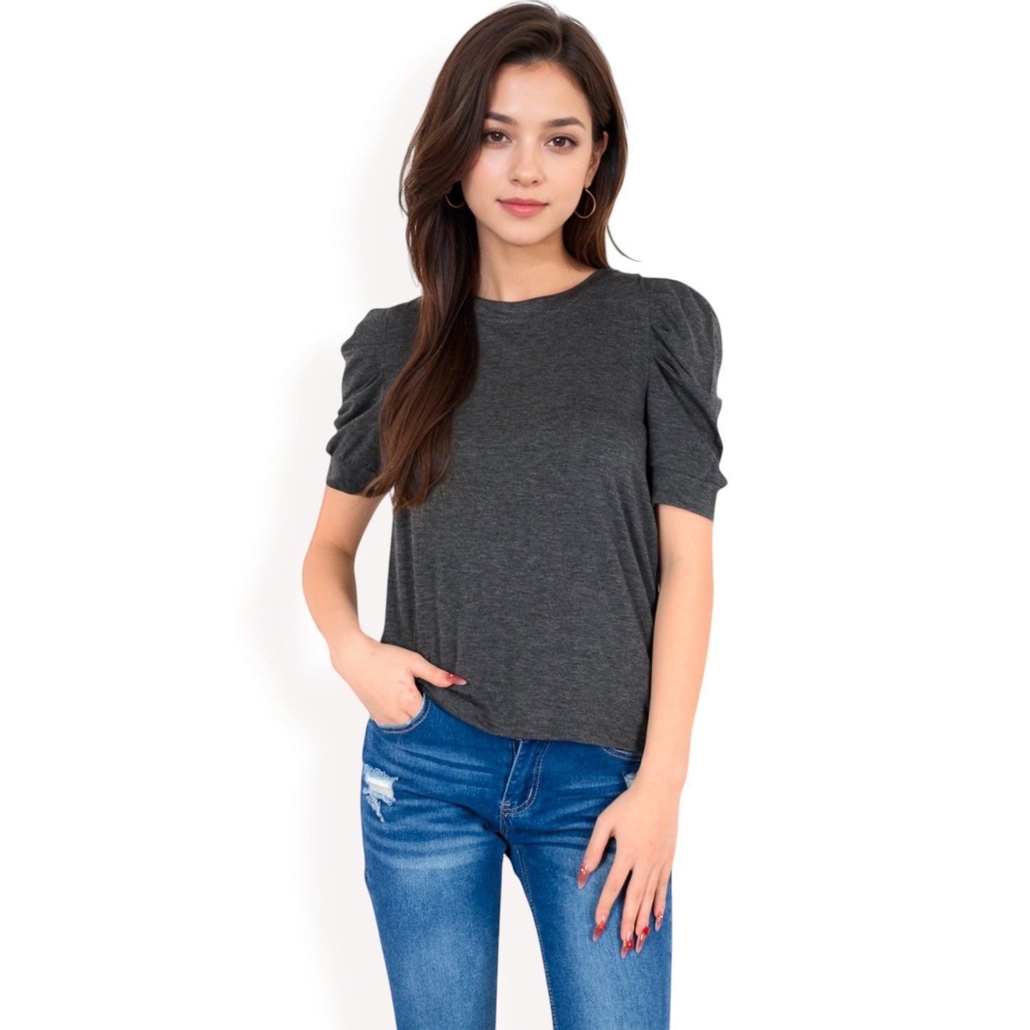 Short Sleeve Puff Shoulder Tee with Crew Neck and Slim Fit