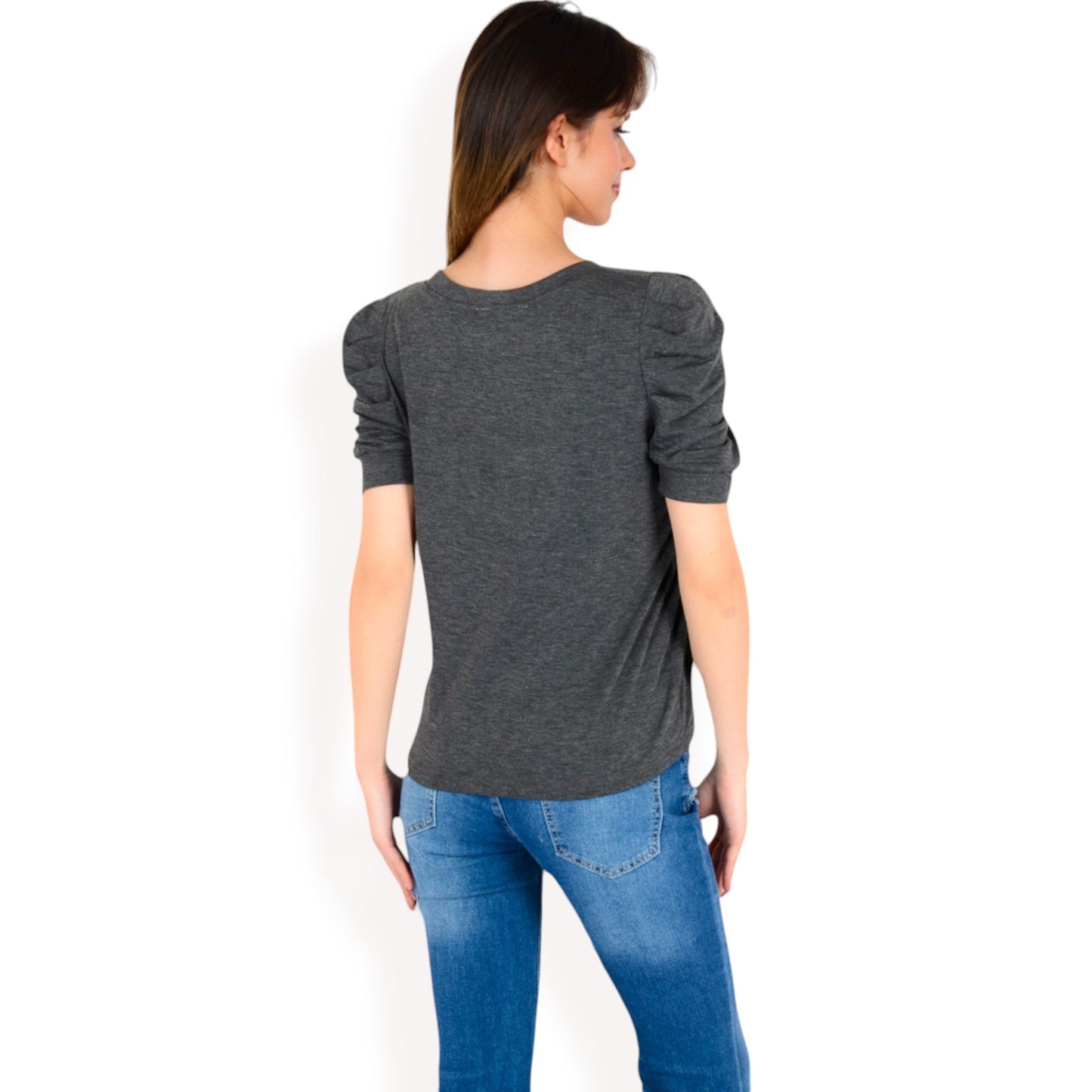 Short Sleeve Puff Shoulder Tee with Crew Neck and Slim Fit