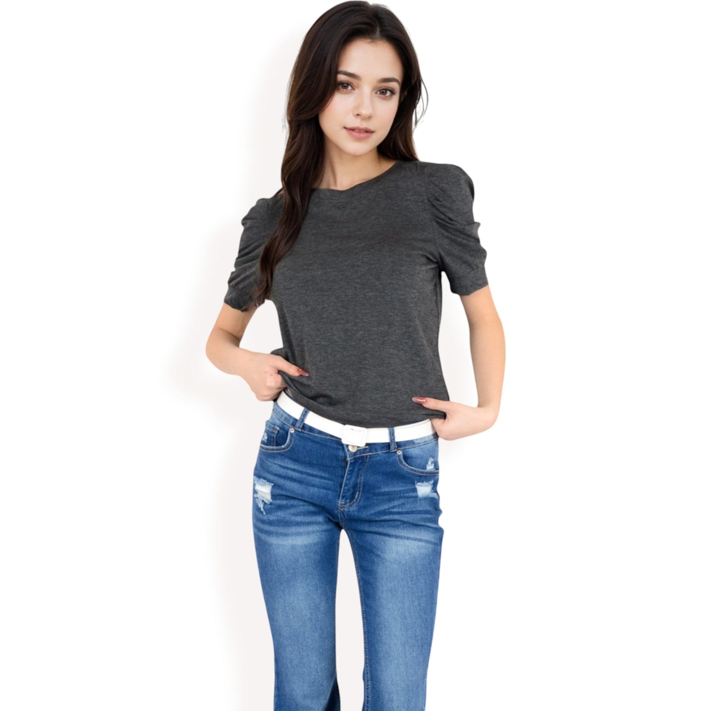 Short Sleeve Puff Shoulder Tee with Crew Neck and Slim Fit