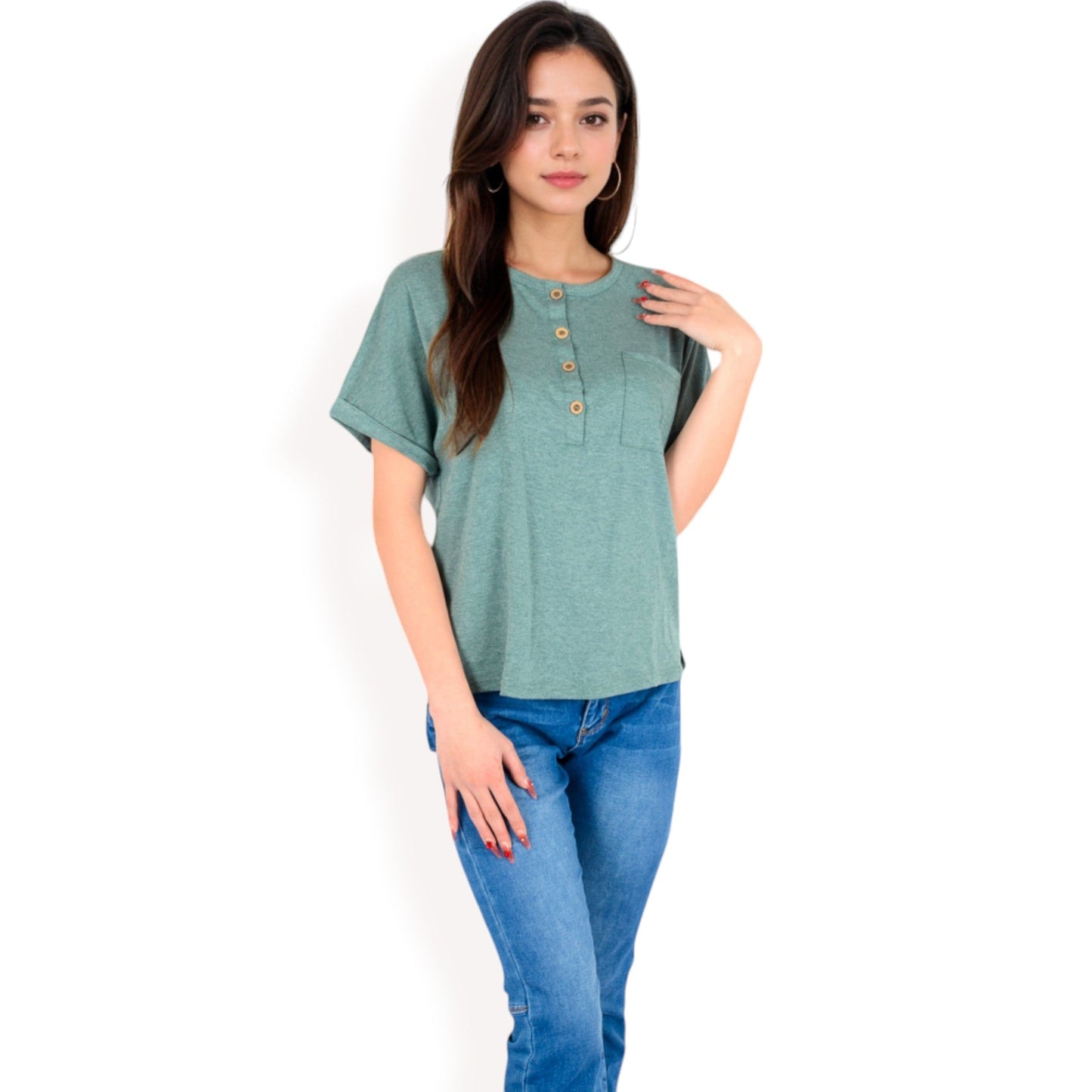 Casual Short Sleeve Henley Top with Button Front and Chest Pocket