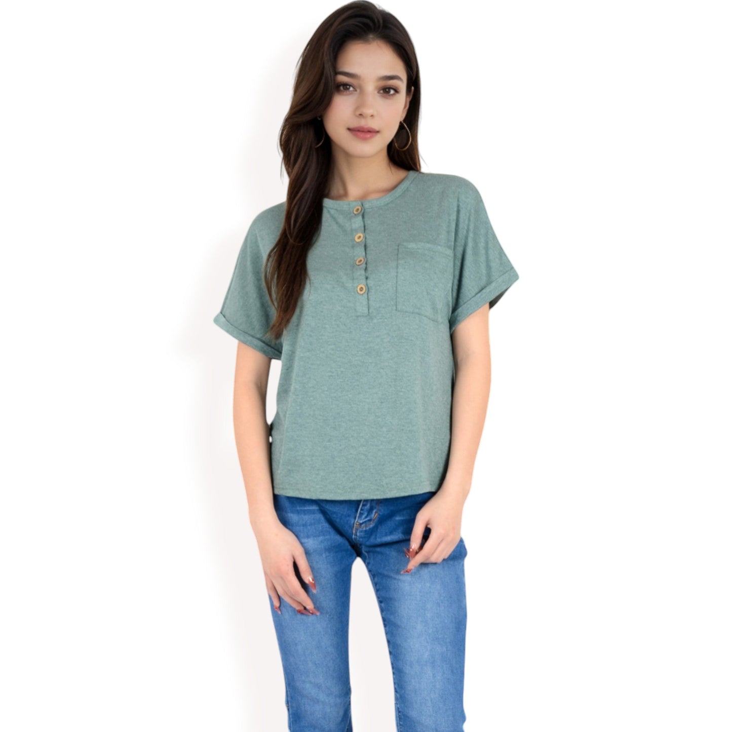 Casual Short Sleeve Henley Top with Button Front and Chest Pocket