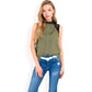 Sleeveless Blouse with Lace Yoke and Pleated Front