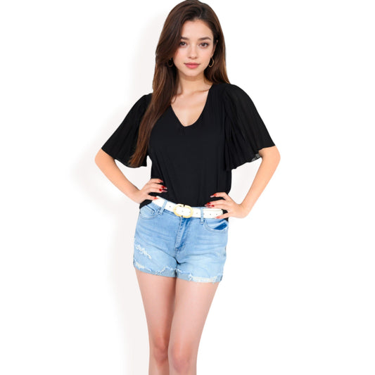 V-Neck Blouse with Pleated Chiffon Flutter Sleeves