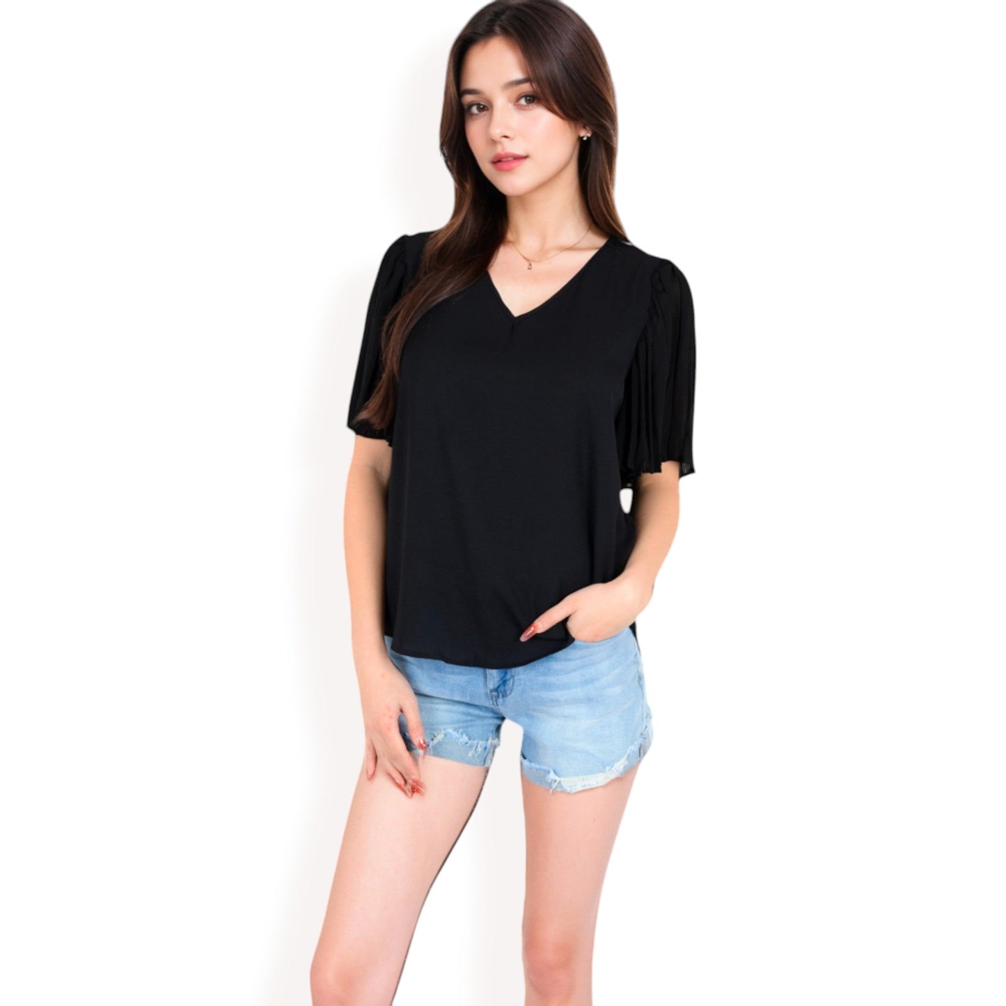 V-Neck Blouse with Pleated Chiffon Flutter Sleeves